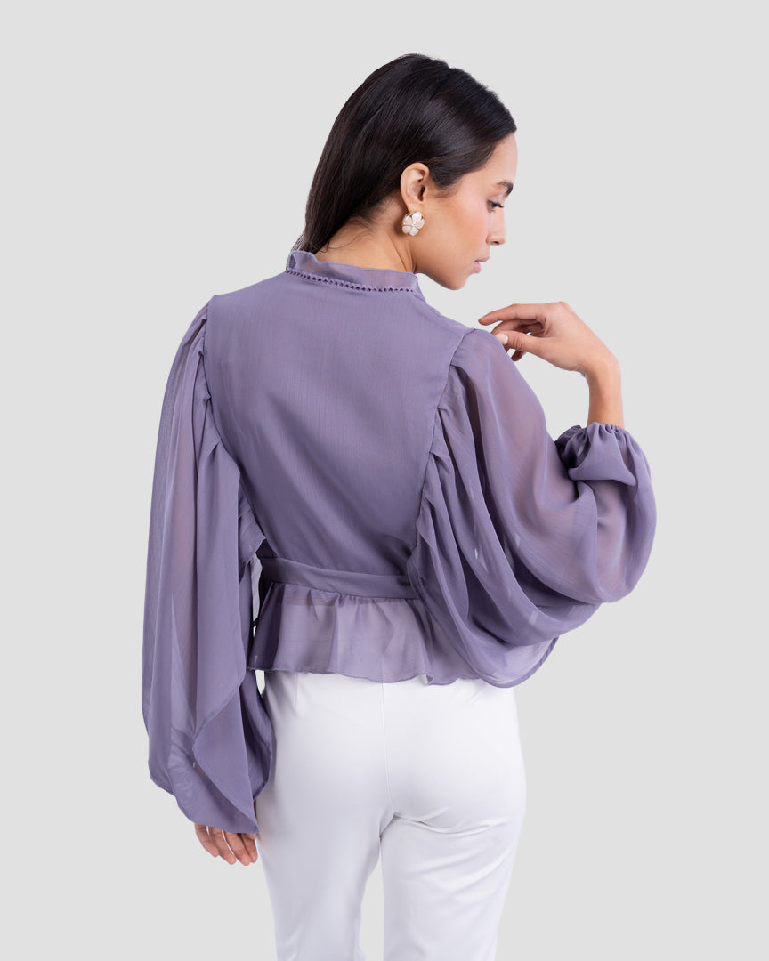 FLOWY V-NECK BLOUSE WITH RUFFLE TRIM