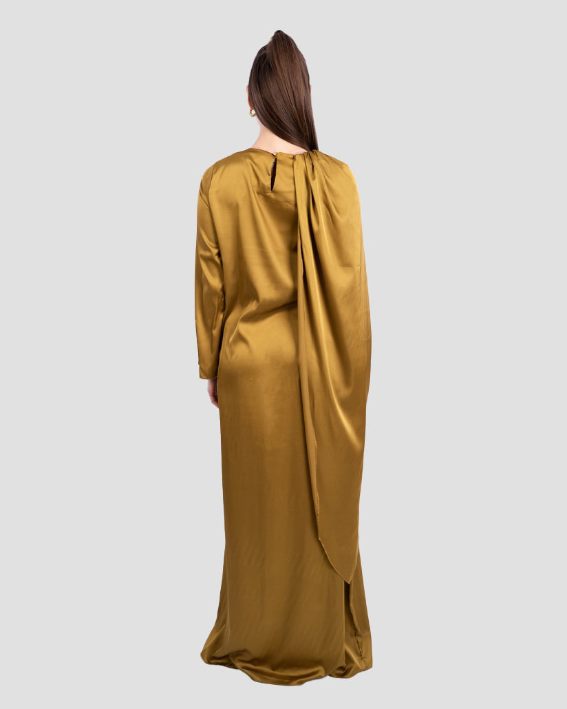 DRAPED SATIN MAXI DRESS WITH CAPE SLEEVE