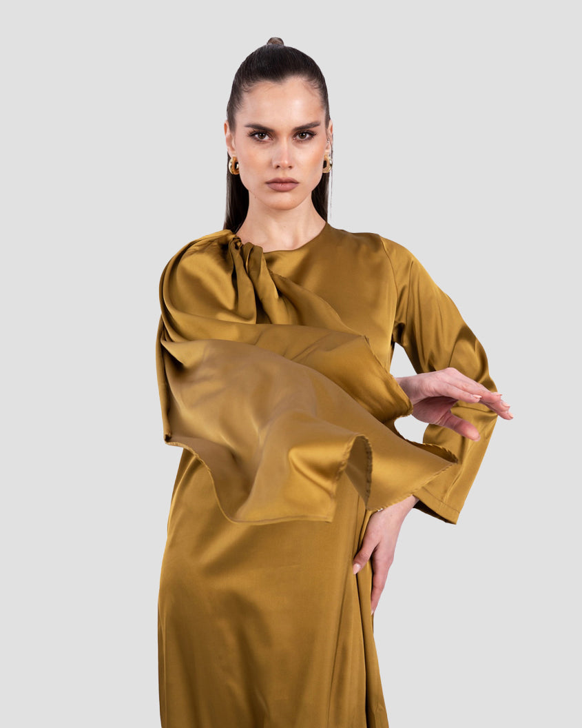 DRAPED SATIN MAXI DRESS WITH CAPE SLEEVE