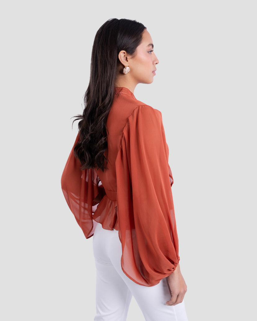 FLOWY V-NECK BLOUSE WITH RUFFLE TRIM