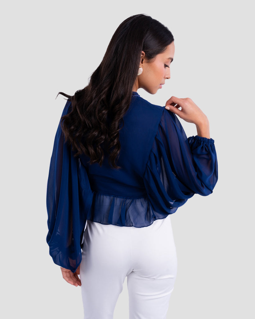 FLOWY V-NECK BLOUSE WITH RUFFLE TRIM