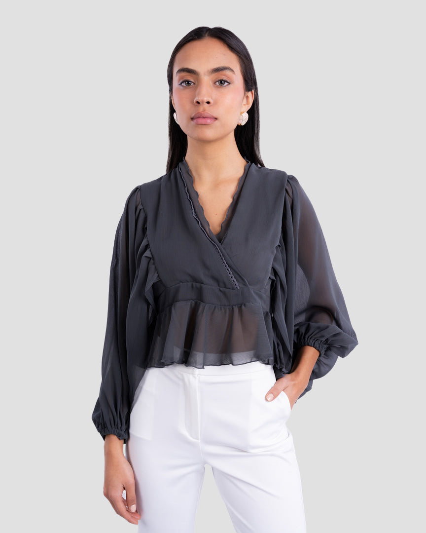 FLOWY V-NECK BLOUSE WITH RUFFLE TRIM