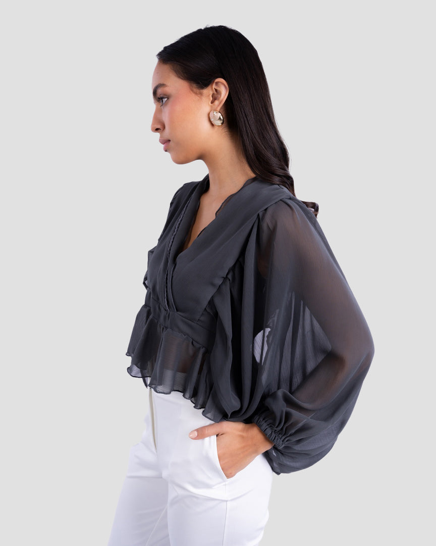 FLOWY V-NECK BLOUSE WITH RUFFLE TRIM