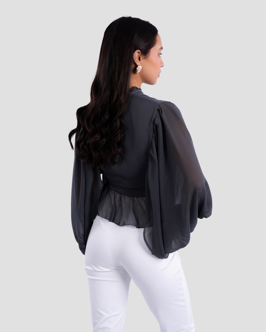 FLOWY V-NECK BLOUSE WITH RUFFLE TRIM