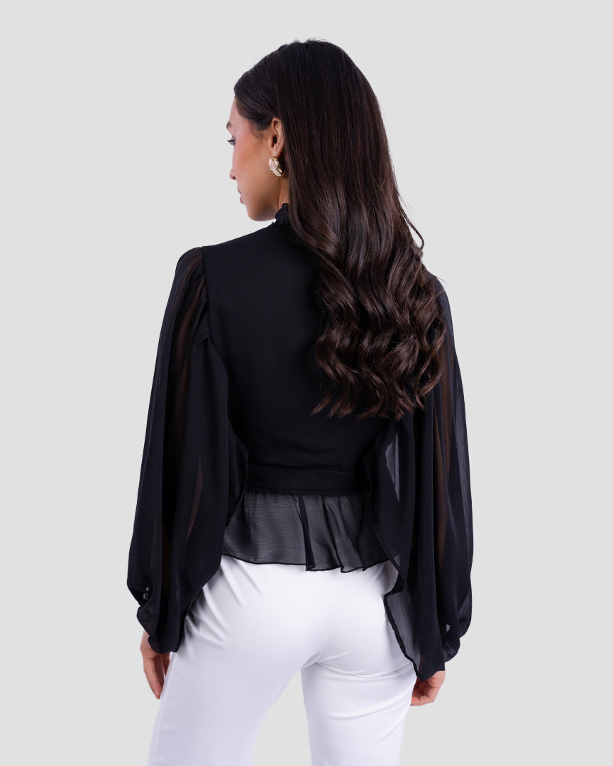 FLOWY V-NECK BLOUSE WITH RUFFLE TRIM