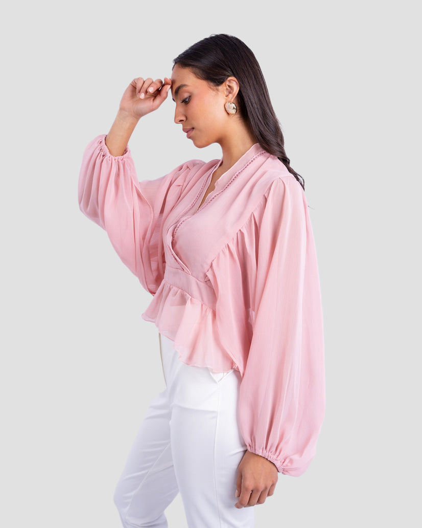 FLOWY V-NECK BLOUSE WITH RUFFLE TRIM