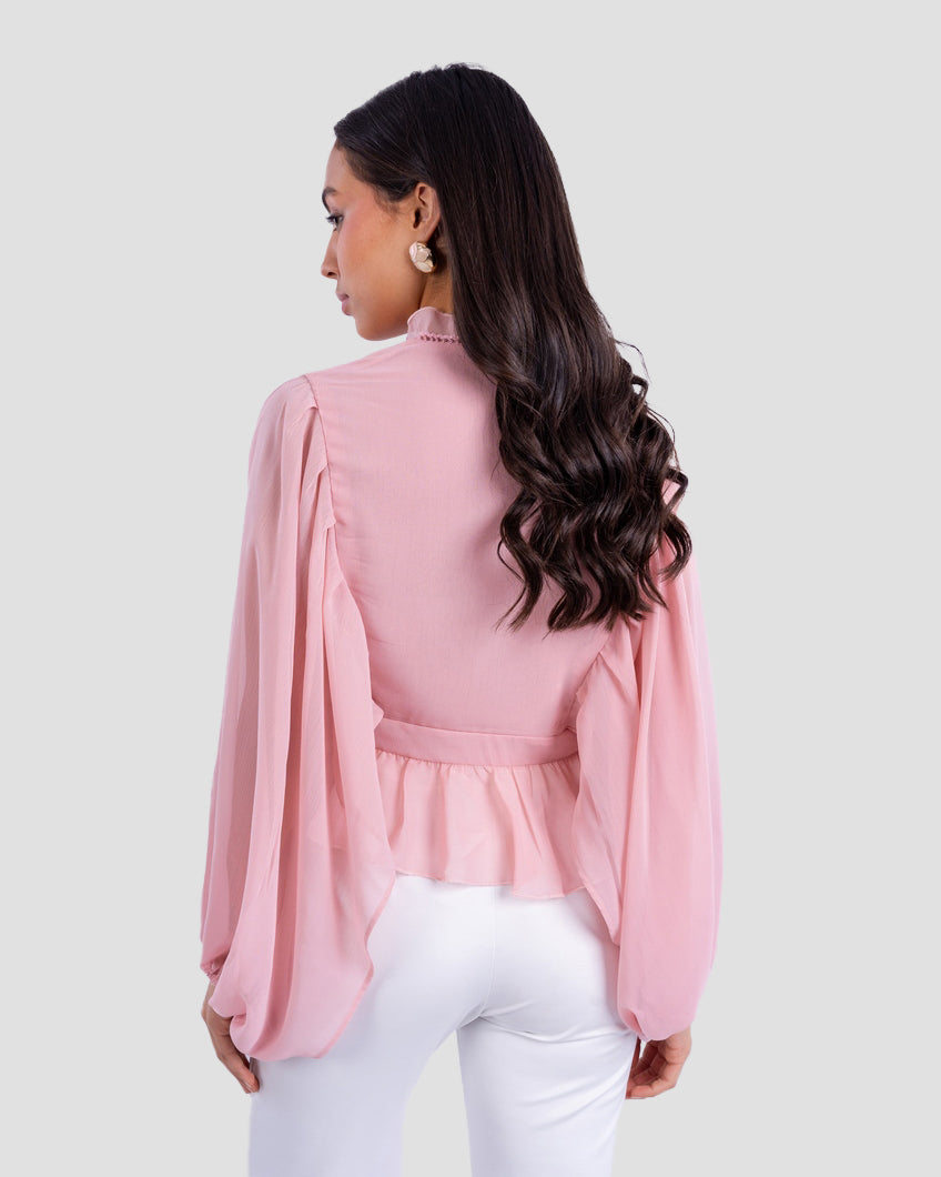 FLOWY V-NECK BLOUSE WITH RUFFLE TRIM