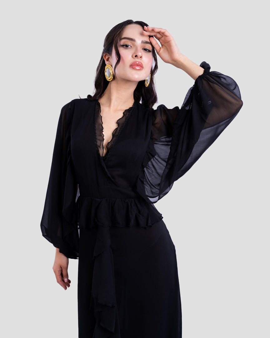 RUFFLED LONG DRESS WITH V-NECK