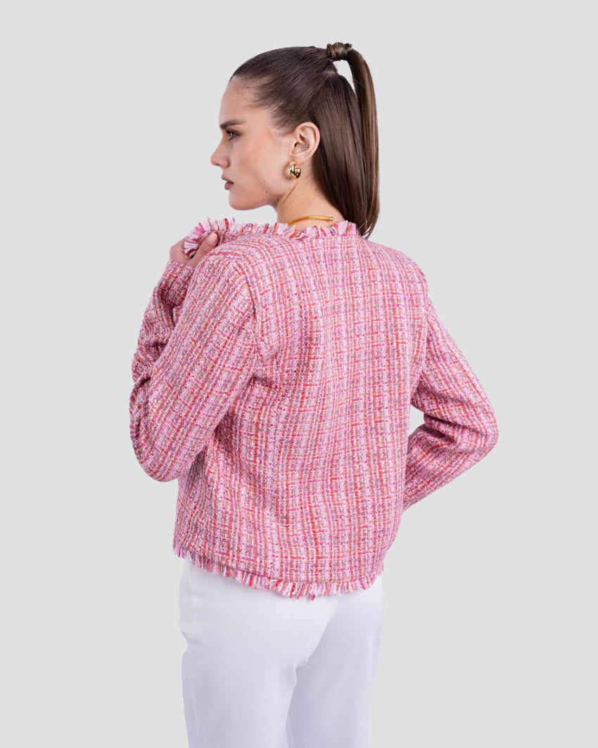 TEXTURED TWEED CROPPED JACKET WITH FRAYED TRIM