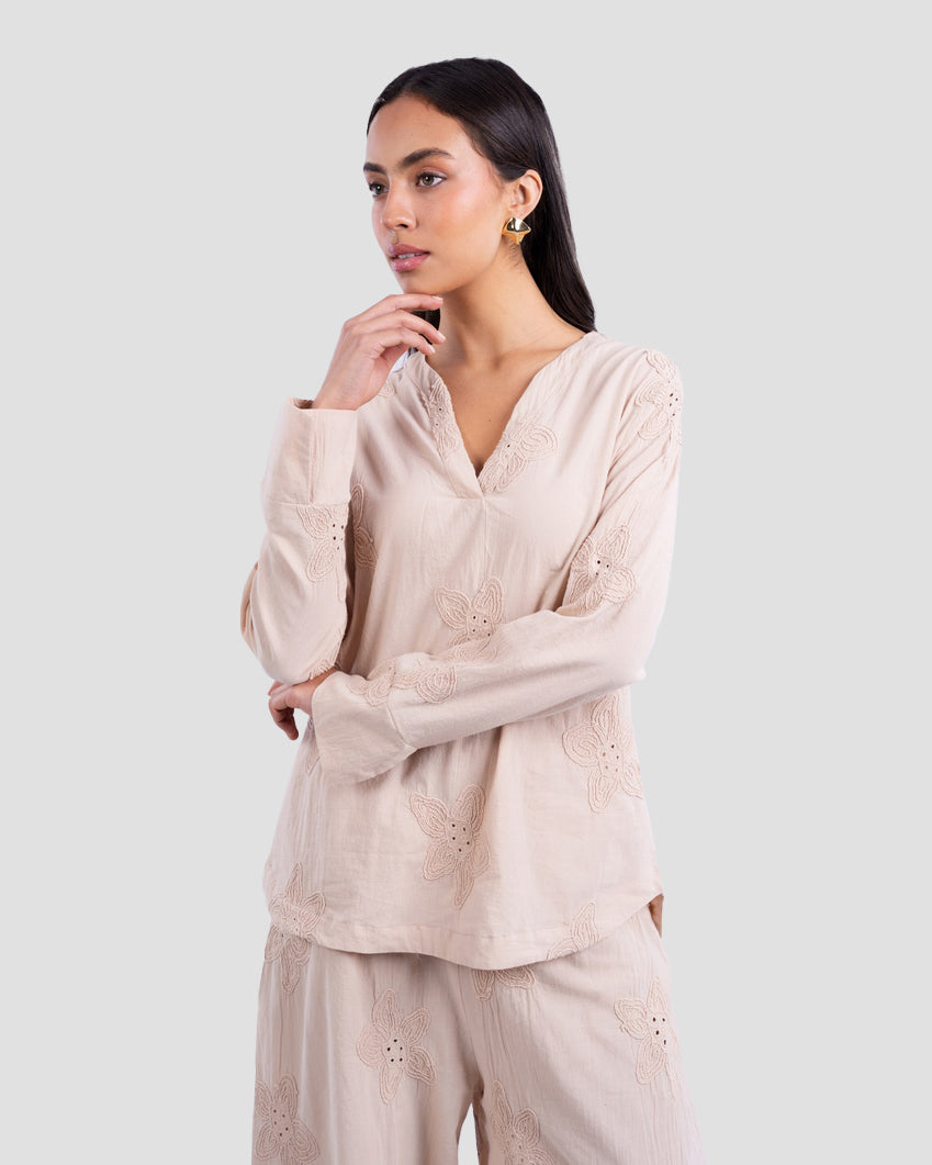 TEXTURED BLOUSE WITH V-NECKLINE