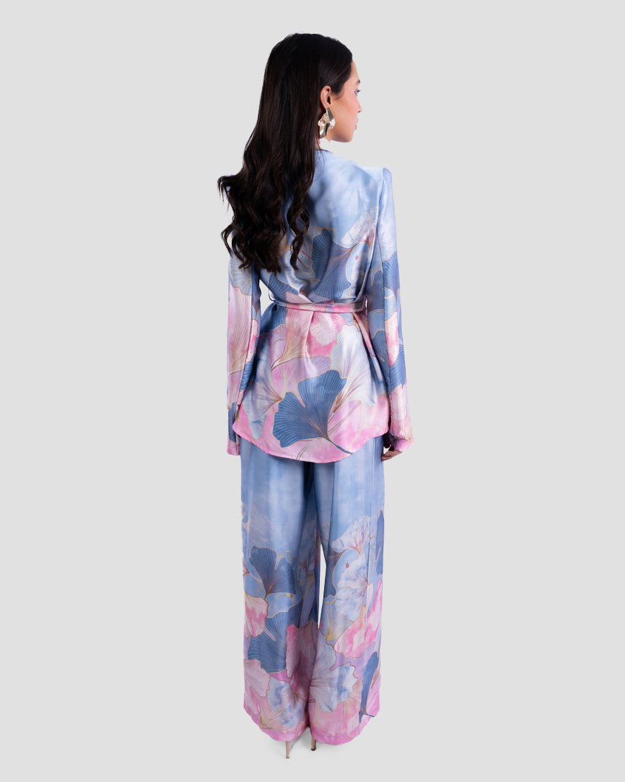 SATIN FLOWERS BLAZER WITH BELT