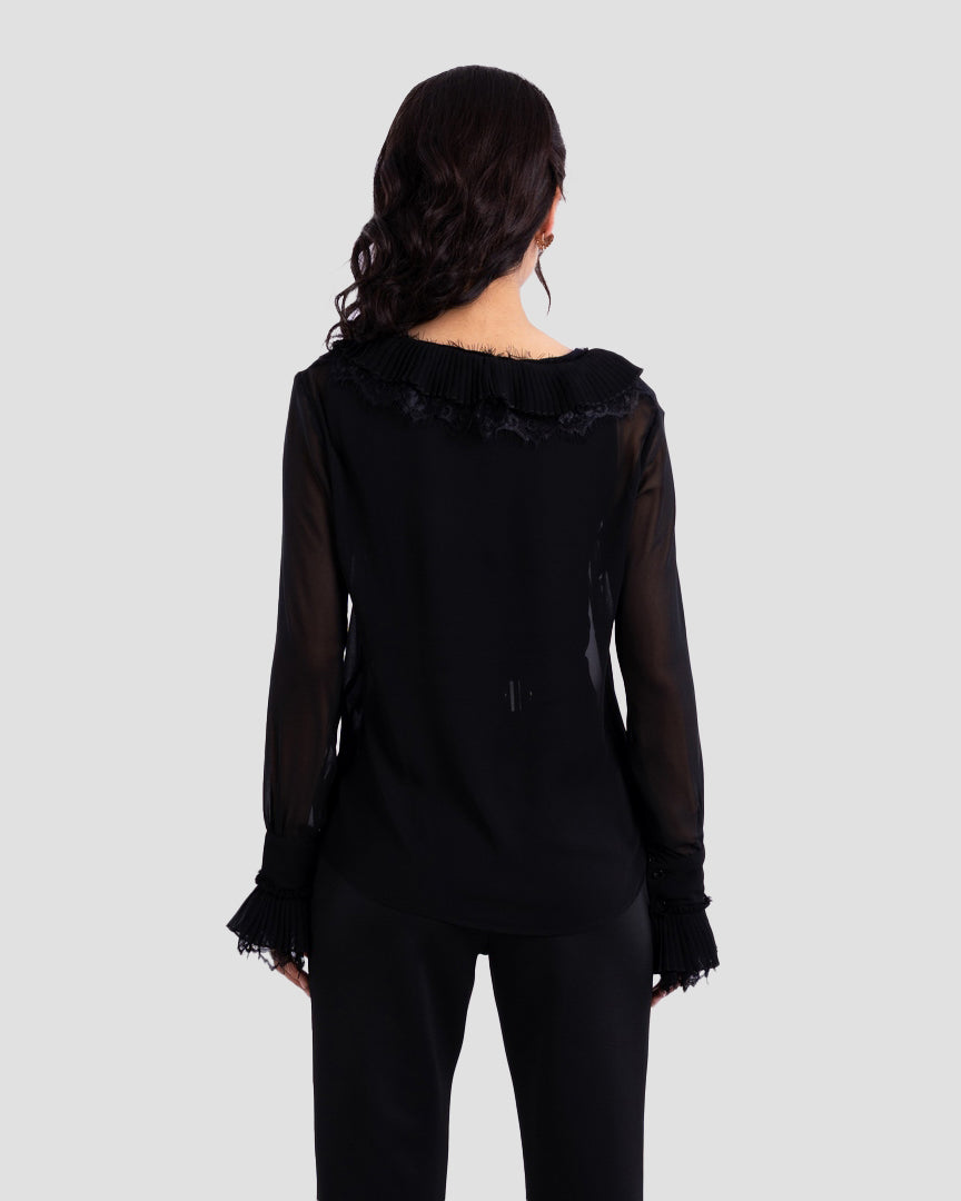 SHEER BLOUSE WITH RUFFLED TRIM