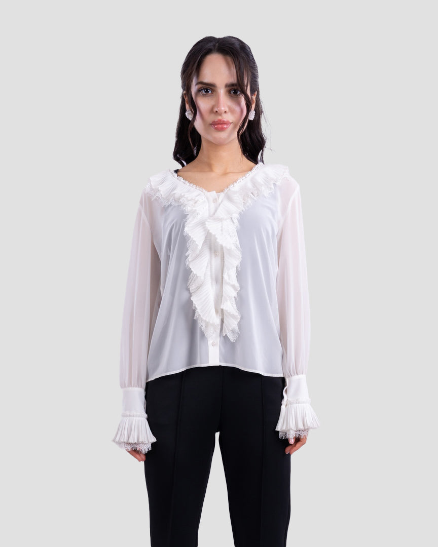 SHEER BLOUSE WITH RUFFLED TRIM