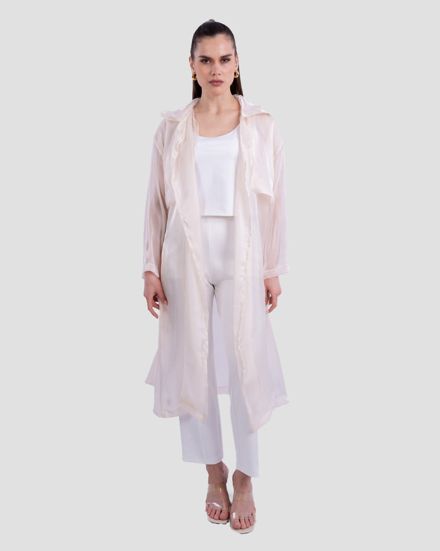 معطف طويل شفاف مع تفاصيل حزام