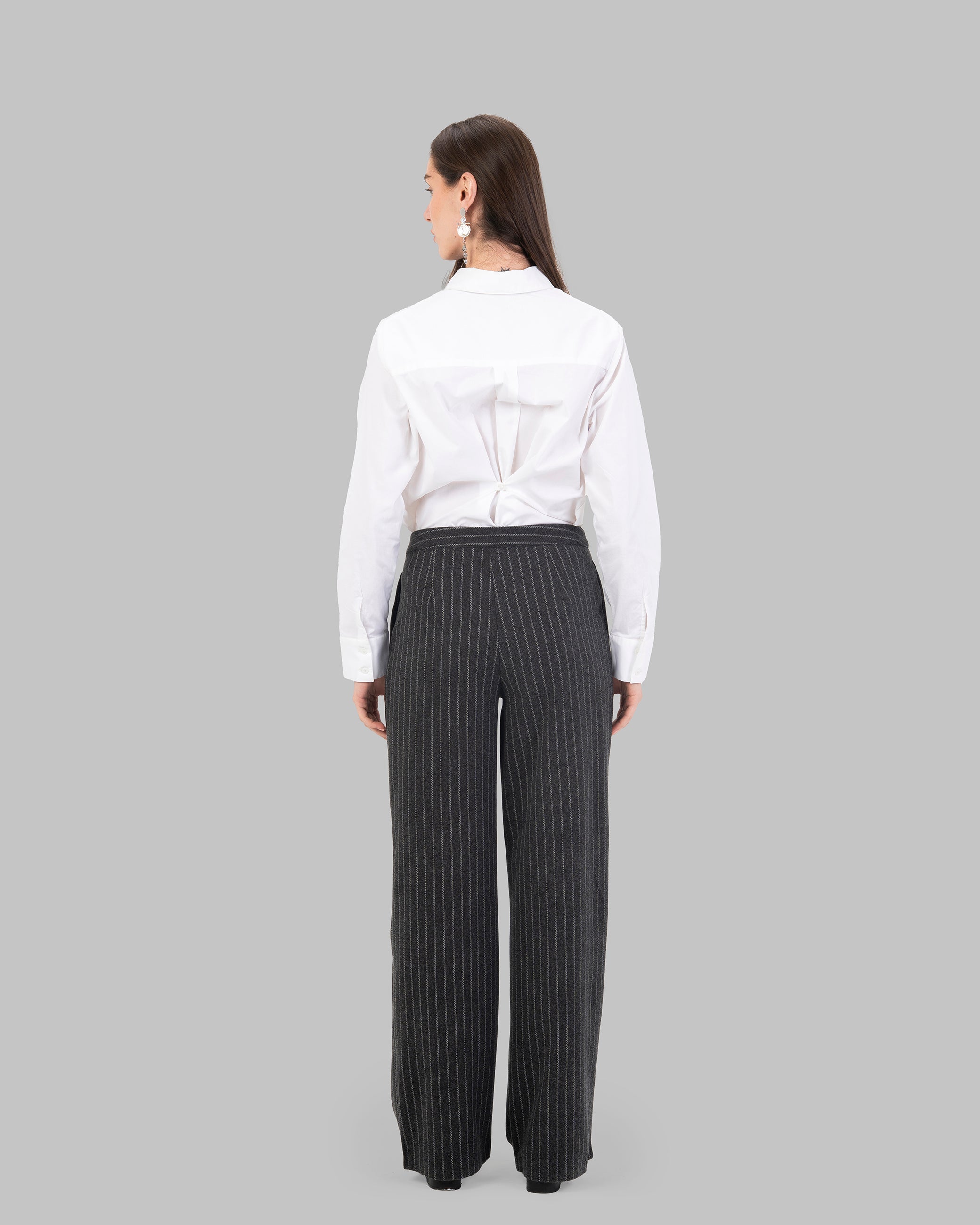 High-Waist Pinstripe Straight Trousers with Front Pleats.