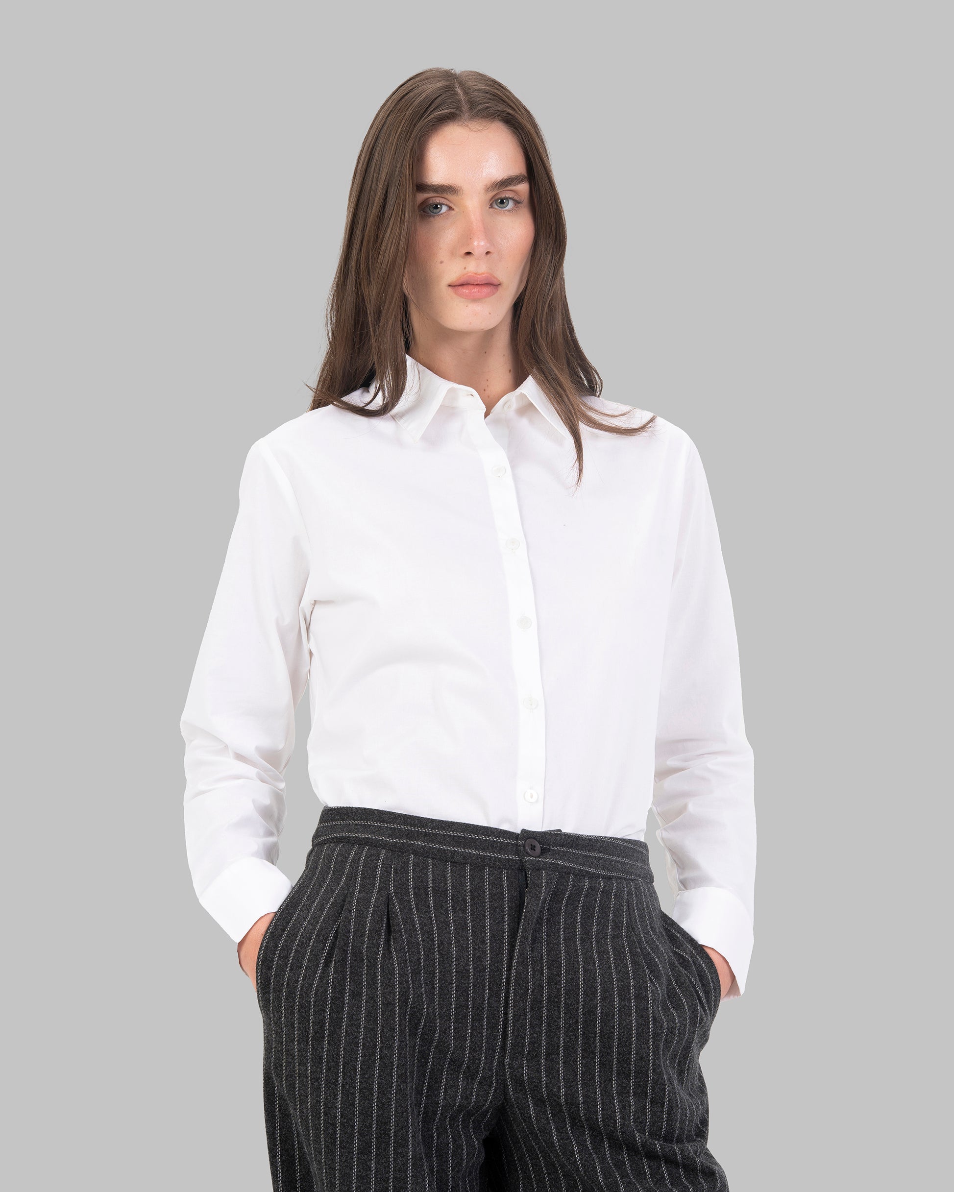 High-Waist Pinstripe Straight Trousers with Front Pleats.