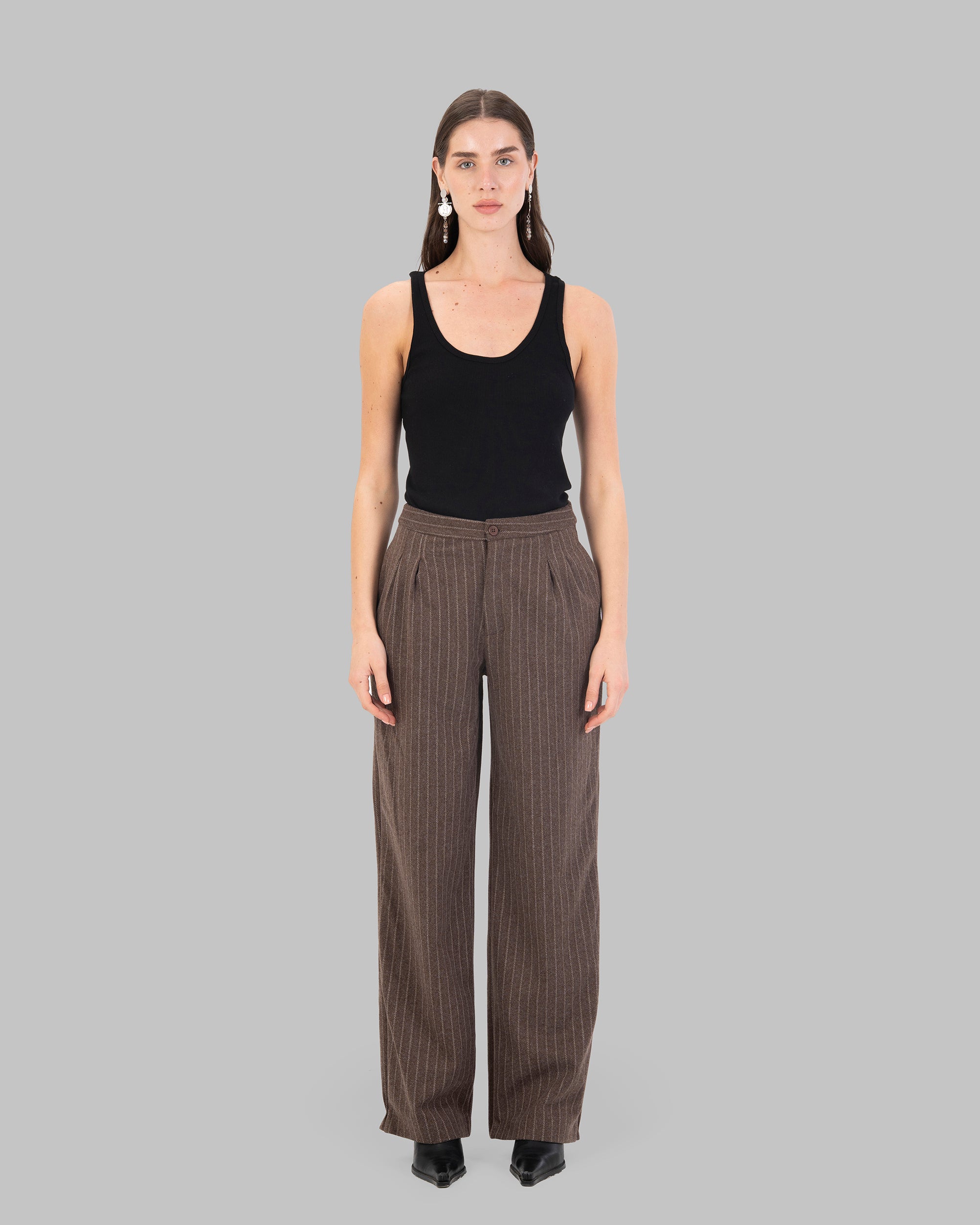 High-Waist Pinstripe Straight Trousers with Front Pleats.