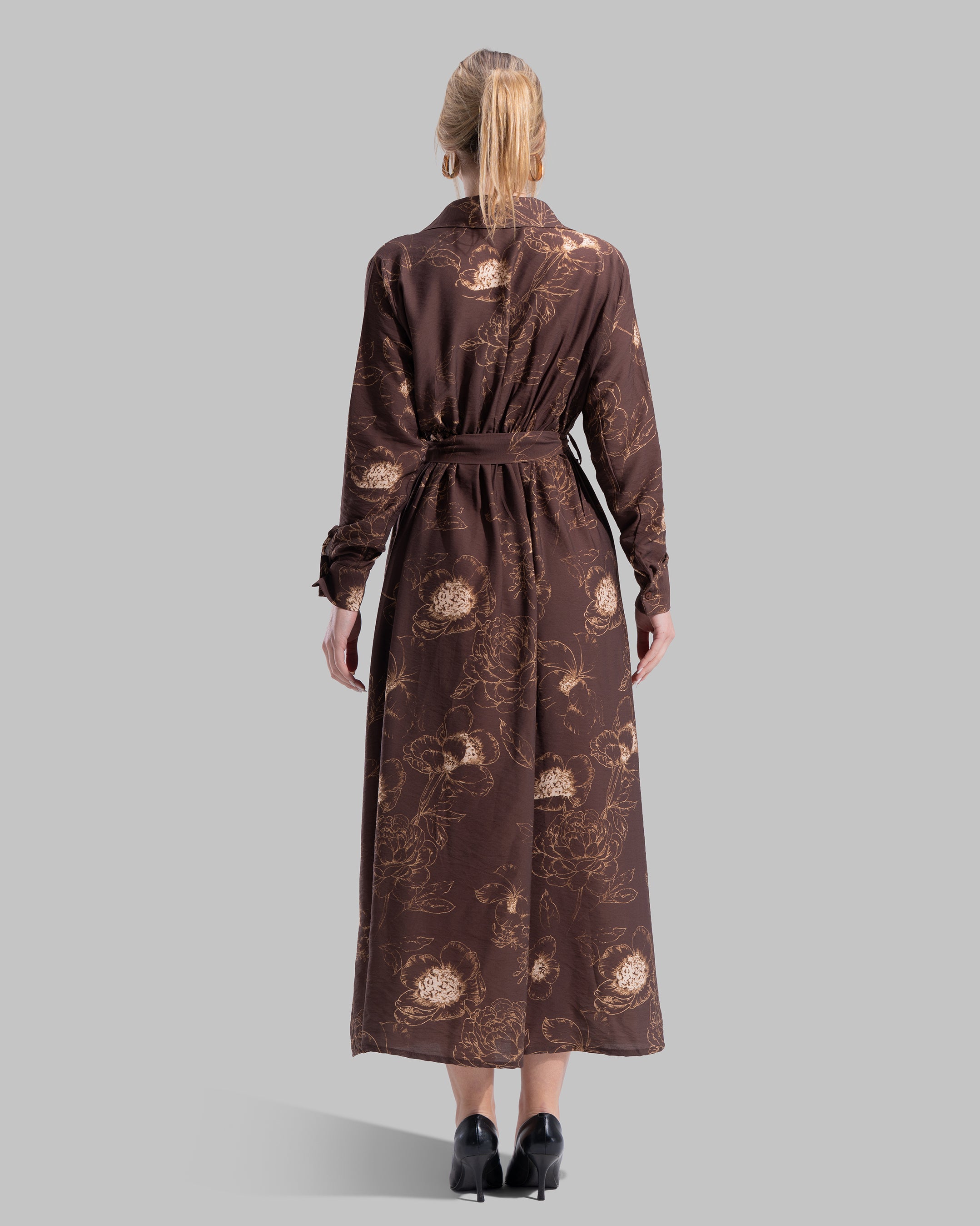 Floral print midi shirt dress with a matching tie belt at the waist.