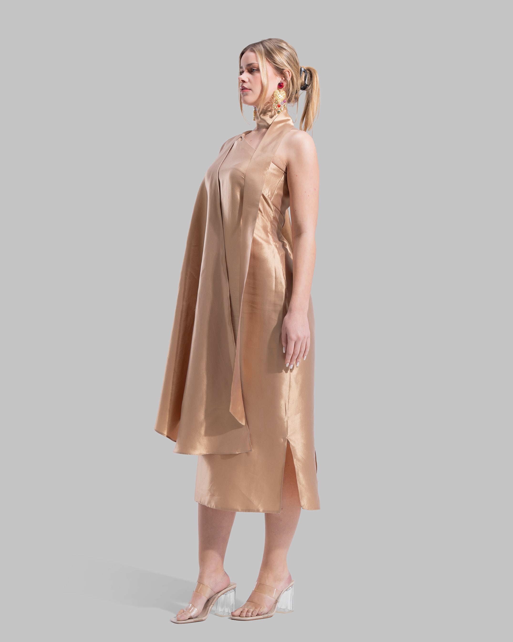 One-shoulder satin midi dress featuring a draped cape overlay and side slit