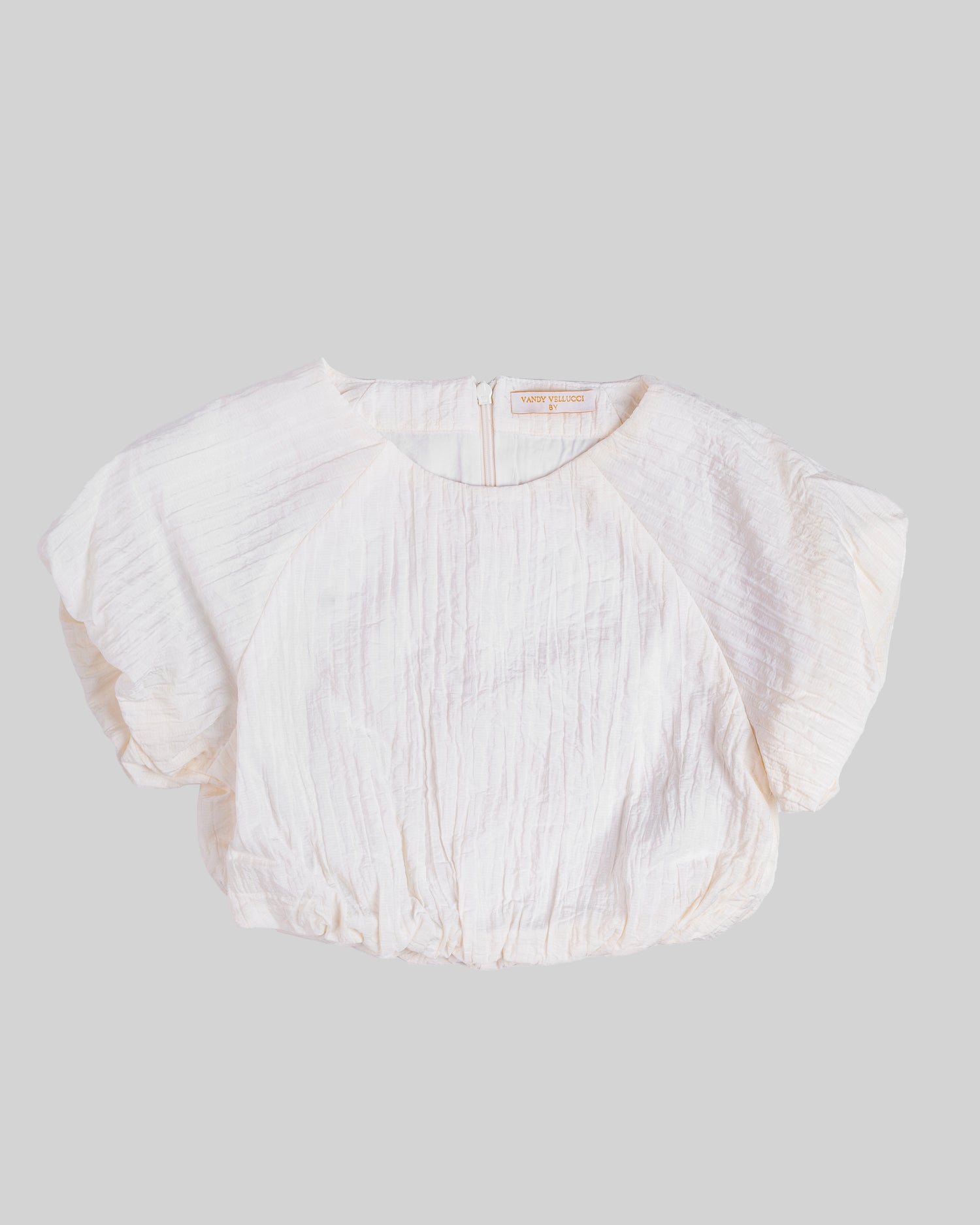 Textured puffy-sleeved top with a round neckline.