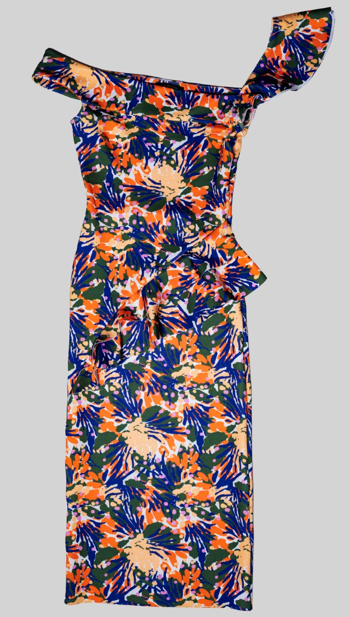 فستان ميدي مطبوع برقبة مربعة، حاشية غير متماثلة مع كشكشة