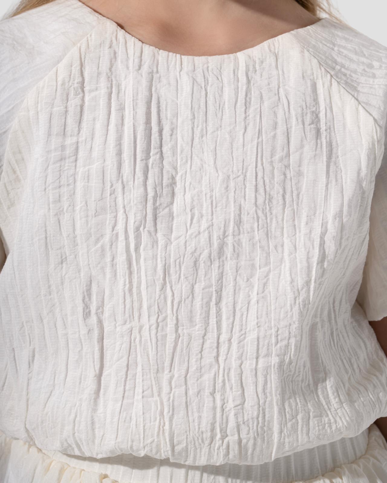 Textured puffy-sleeved top with a round neckline.