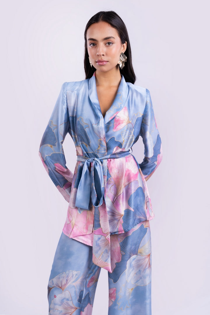 SATIN FLOWERS BLAZER WITH BELT