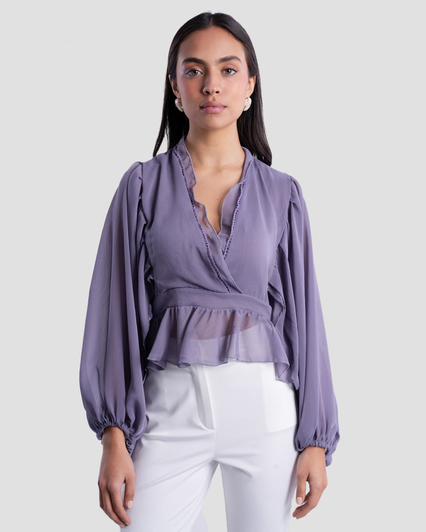 FLOWY V-NECK BLOUSE WITH RUFFLE TRIM