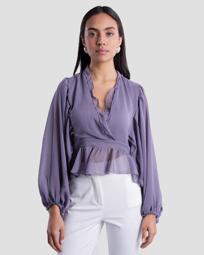 FLOWY V-NECK BLOUSE WITH RUFFLE TRIM