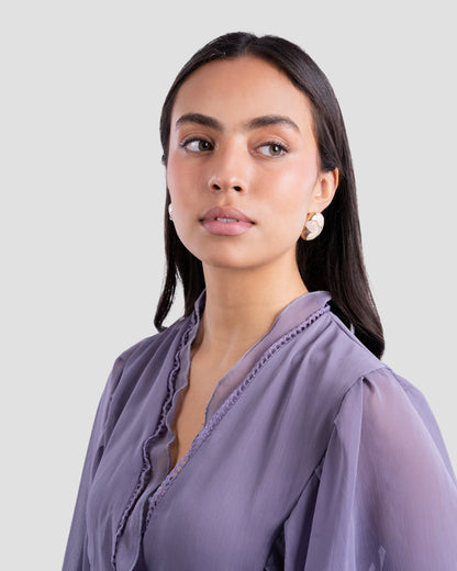 FLOWY V-NECK BLOUSE WITH RUFFLE TRIM