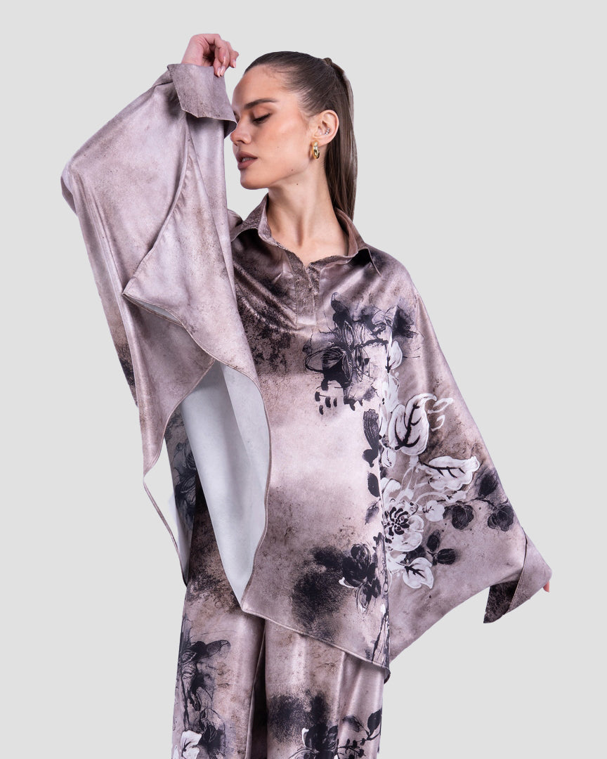 SATIN-EFFECT PRINTED OVERSIZED SHIRT