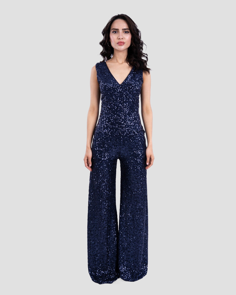 SEQUIN V-NECK FLARED JUMPSUIT