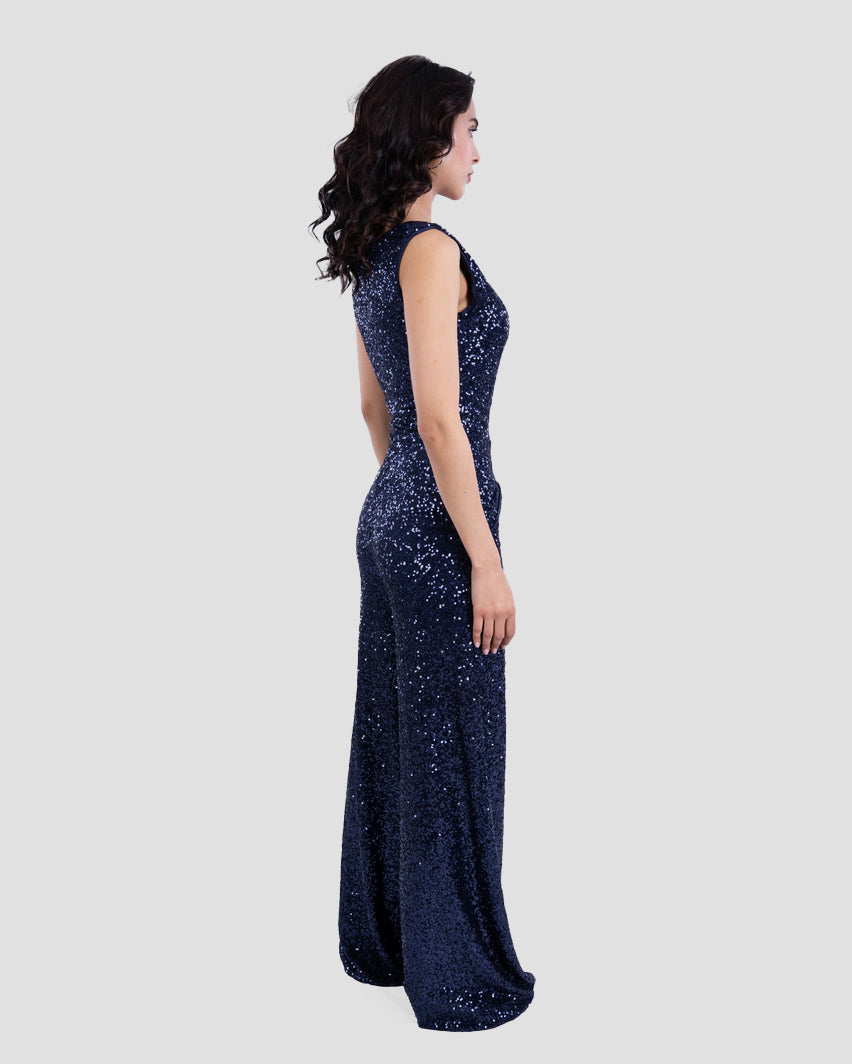 SEQUIN V-NECK FLARED JUMPSUIT