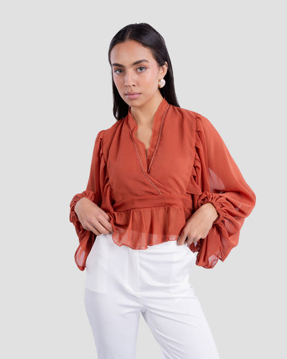 FLOWY V-NECK BLOUSE WITH RUFFLE TRIM