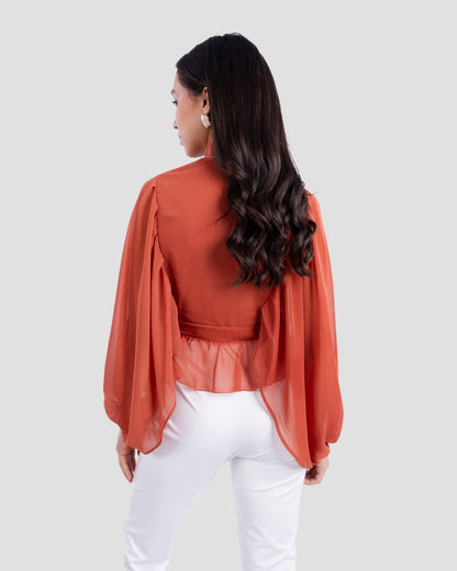 FLOWY V-NECK BLOUSE WITH RUFFLE TRIM