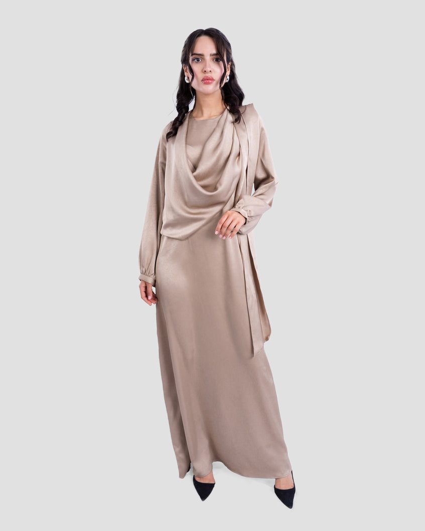 SATIN DRAPED MAXI DRESS WITH MATCHING SCARF