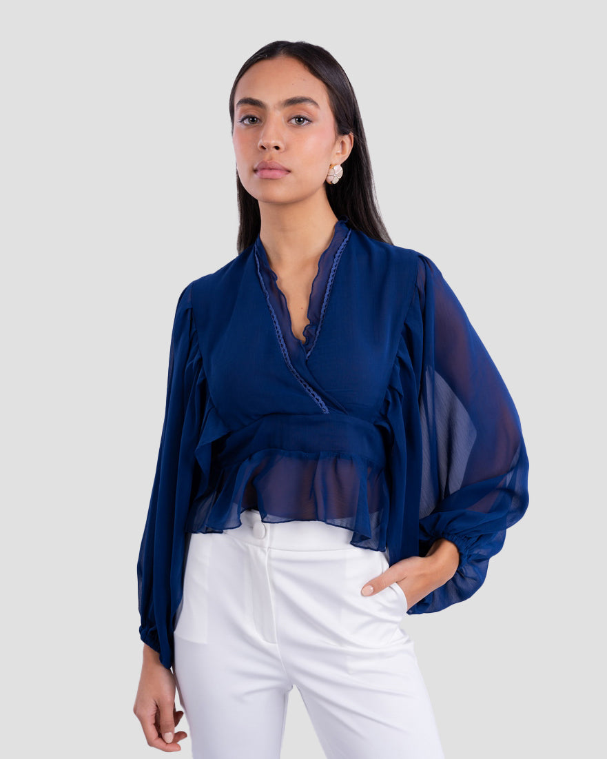 FLOWY V-NECK BLOUSE WITH RUFFLE TRIM