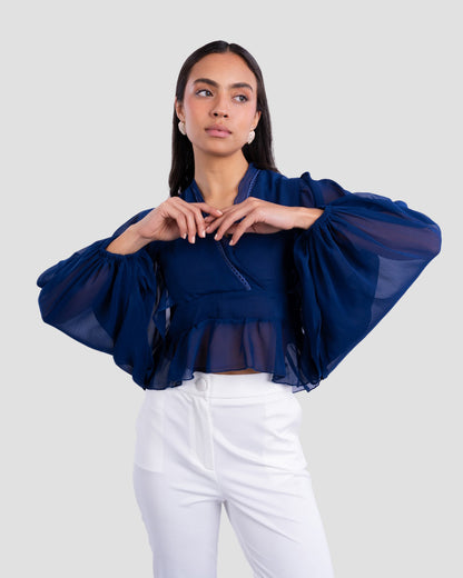 FLOWY V-NECK BLOUSE WITH RUFFLE TRIM