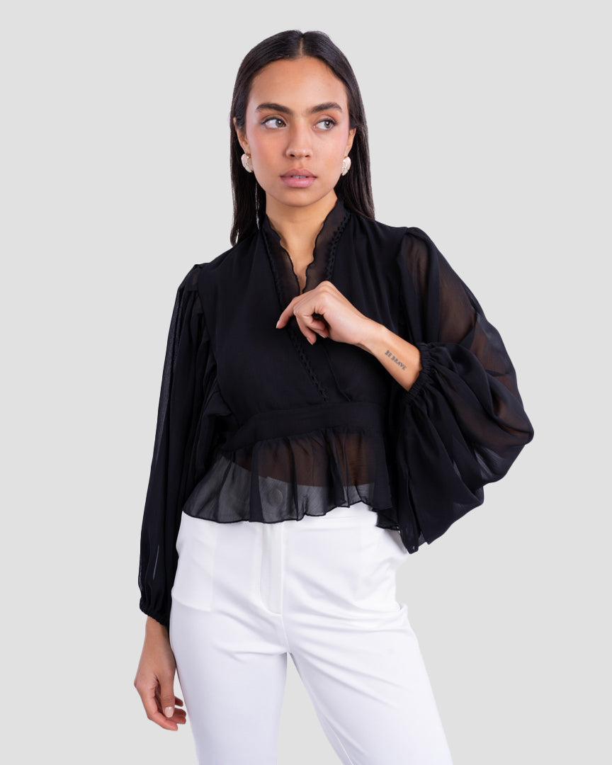 FLOWY V-NECK BLOUSE WITH RUFFLE TRIM