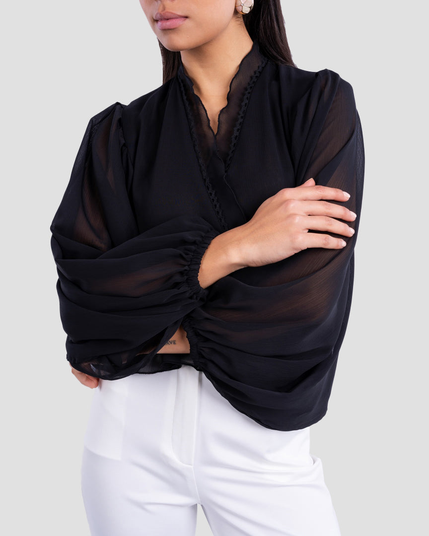 FLOWY V-NECK BLOUSE WITH RUFFLE TRIM