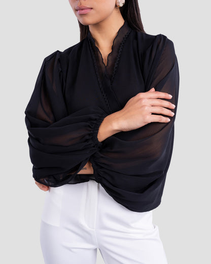 FLOWY V-NECK BLOUSE WITH RUFFLE TRIM