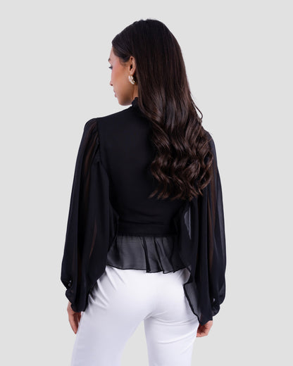 FLOWY V-NECK BLOUSE WITH RUFFLE TRIM