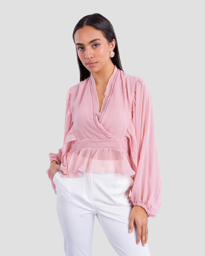 FLOWY V-NECK BLOUSE WITH RUFFLE TRIM