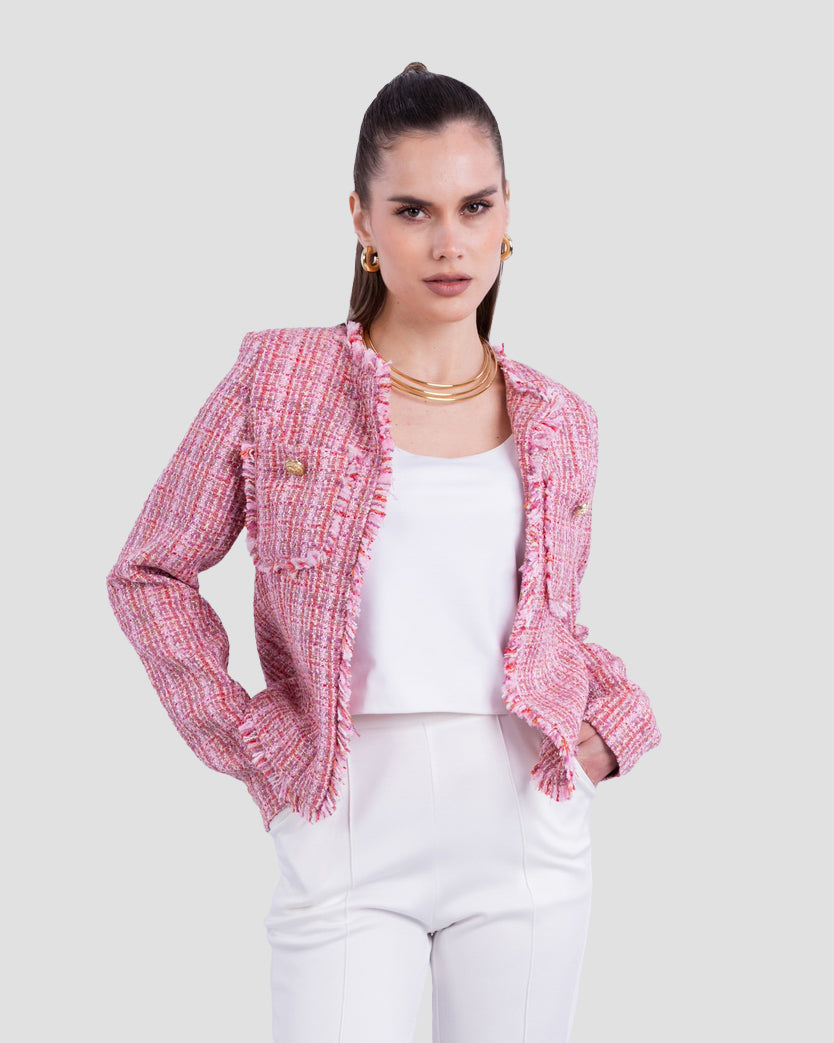 TEXTURED TWEED CROPPED JACKET WITH FRAYED TRIM