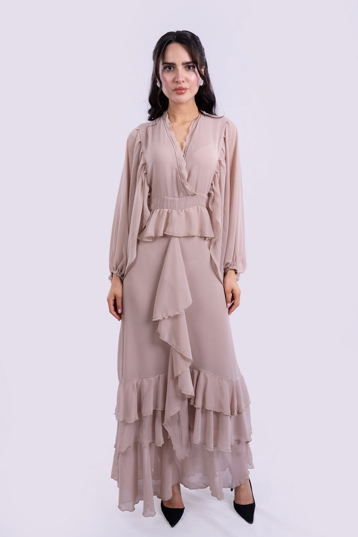 RUFFELD LONG DRESS V-NECK WITH ELASTICATED CUFFS