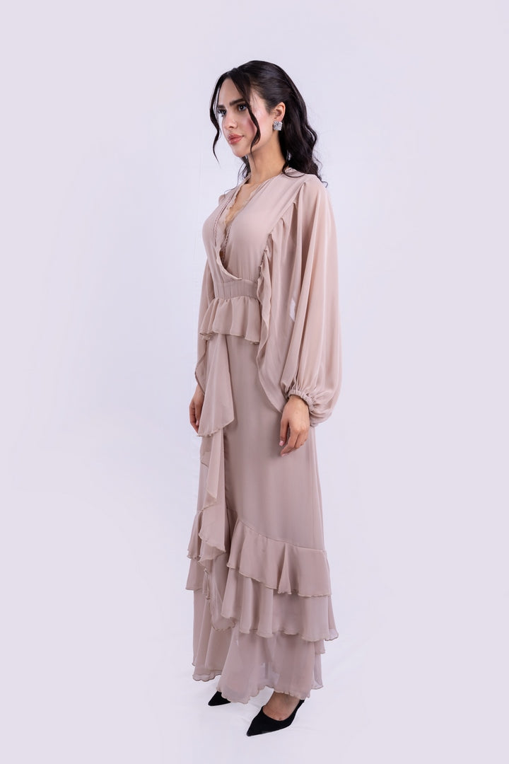 RUFFELD LONG DRESS V-NECK WITH ELASTICATED CUFFS