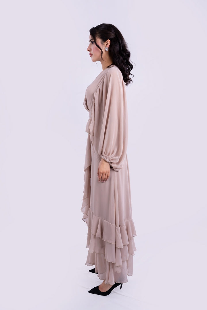 RUFFELD LONG DRESS V-NECK WITH ELASTICATED CUFFS