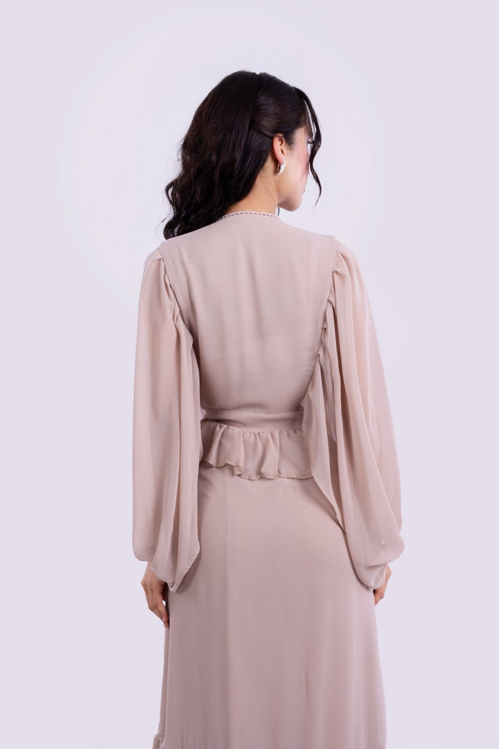 RUFFELD LONG DRESS V-NECK WITH ELASTICATED CUFFS