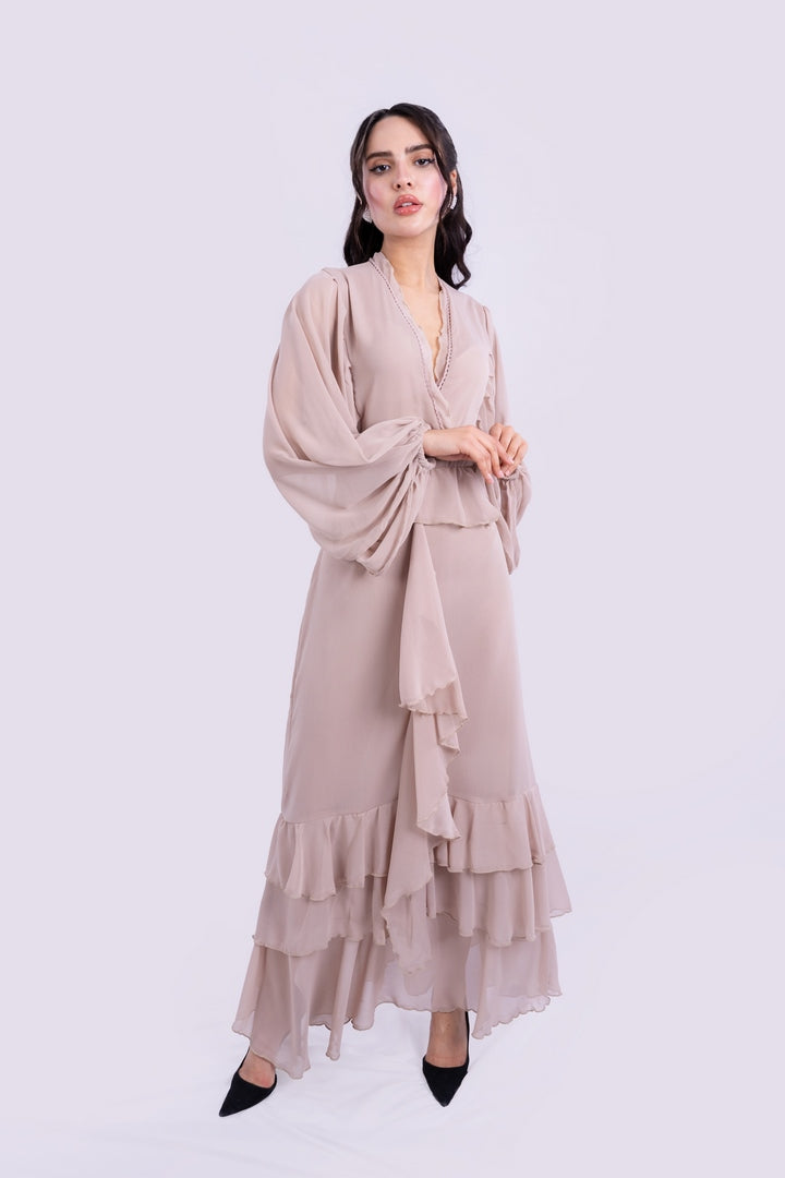 RUFFELD LONG DRESS V-NECK WITH ELASTICATED CUFFS