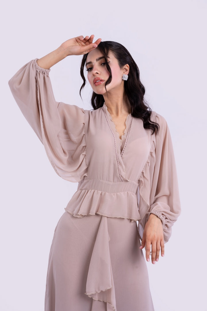 RUFFELD LONG DRESS V-NECK WITH ELASTICATED CUFFS